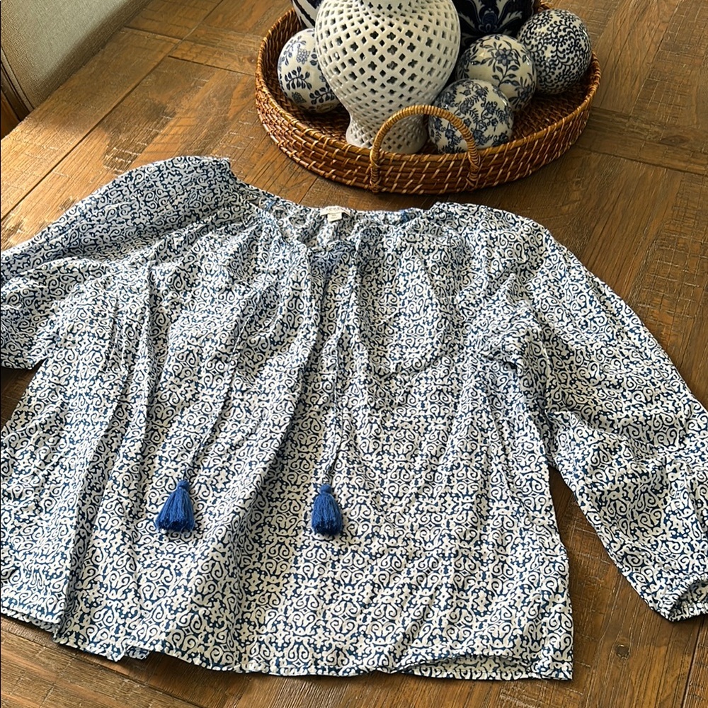 J. Crew Blue and White Printed Peasant Blouse